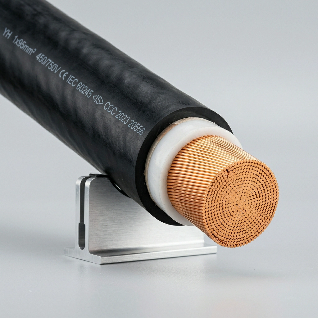 YCW heavy-duty rubber-sheathed cable cut open: four cores, each with its own rubber insulation over fine-stranded bare copper, fibrous filler packed between them and a thick black chloroprene outer sheath